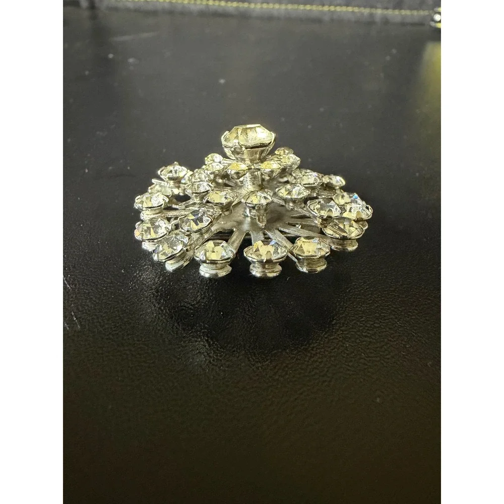 Vintage Sunburst Brooch Silver Tone Clear Rhinestone Starburst Floral Pin